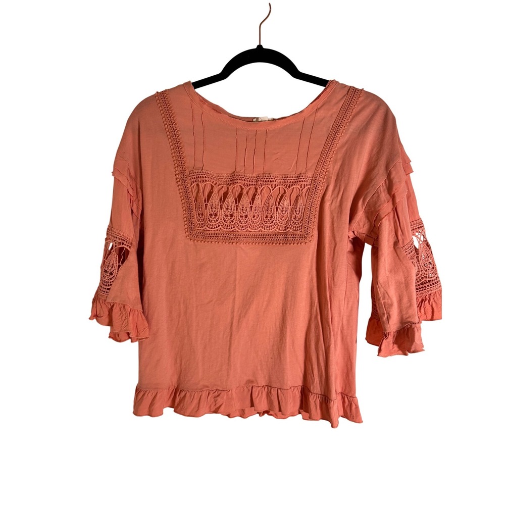 Anthropologie‎ Tiny Salmon Pink Boho Lace Ruffle Sleeve Blouse Top Small